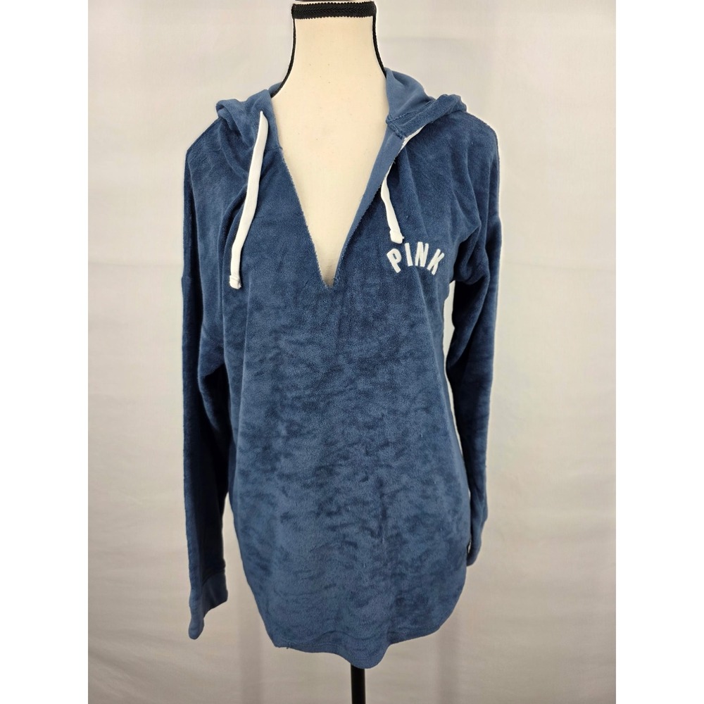 Victorias Secret PINK Womens XS Blue Terry Cloth Deep V-Neck Pullover Hoodie